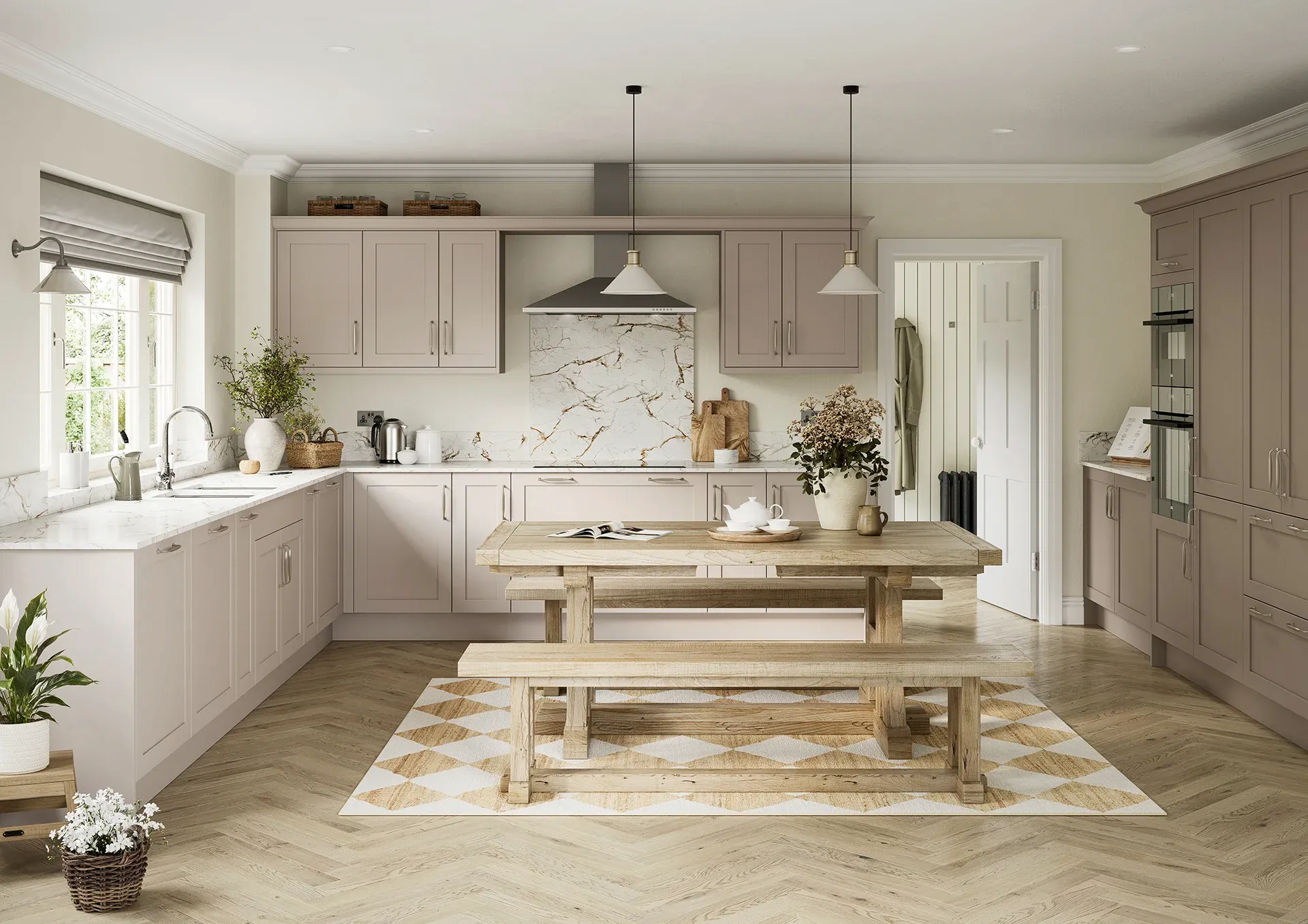 Shaker kitchen with Fishbourne Cashmere and Stone Grey doors