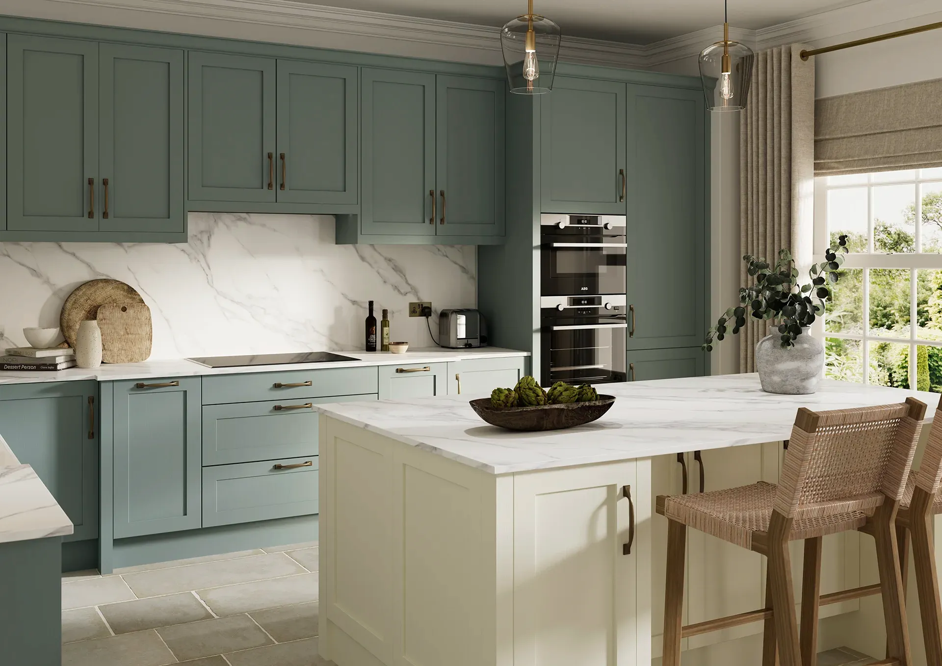 Kitchen with Fishbourne Porcelain and Light Teal shaker doors