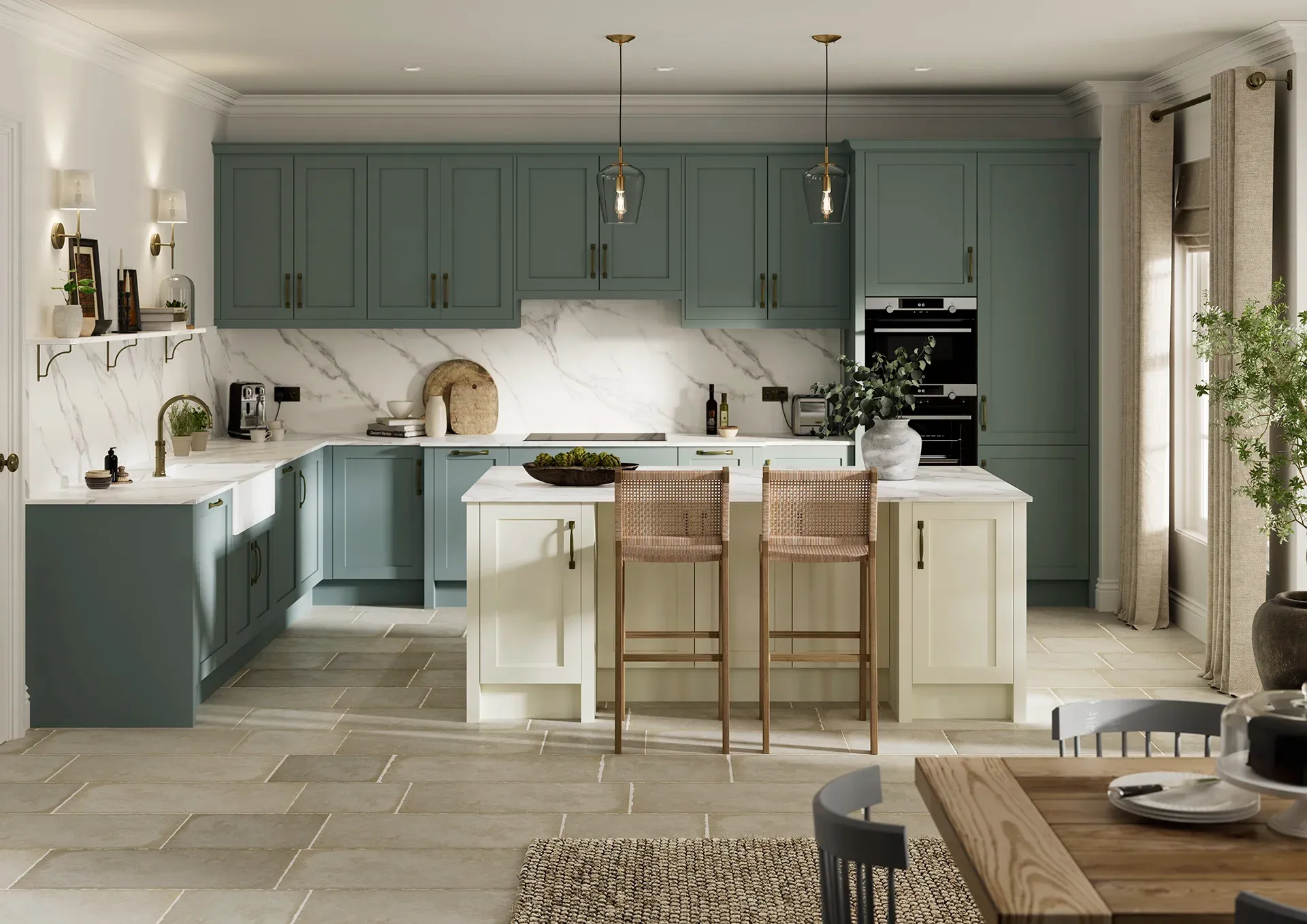 Kitchen with Fishbourne Porcelain and Light Teal shaker doors