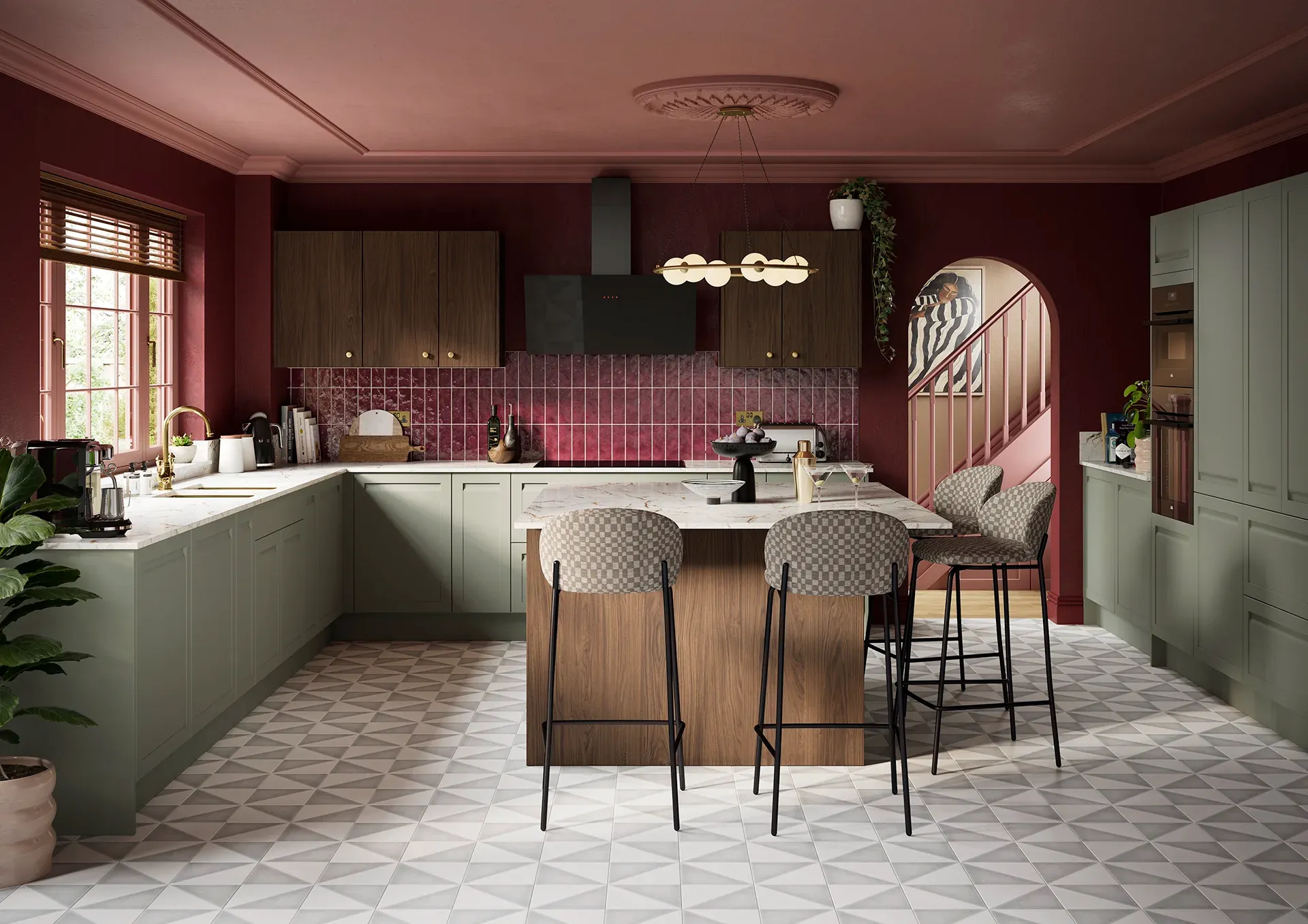 Kitchen with Fontwell Cardamon shaker doors and Hamilton Marone Casella Oak doors