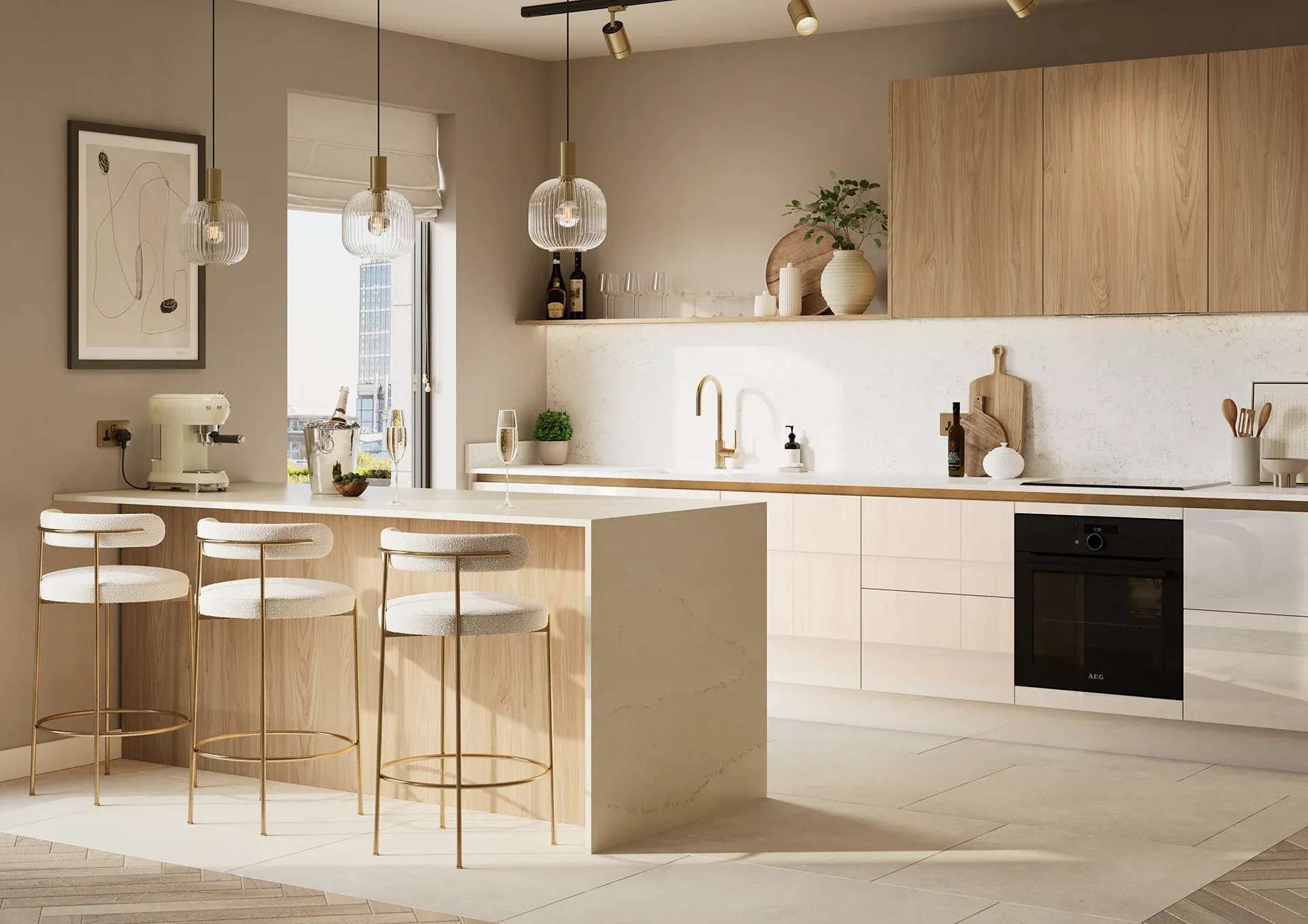Kitchen with Hamilton Gloss White and Natural Sheffield Acacia doors