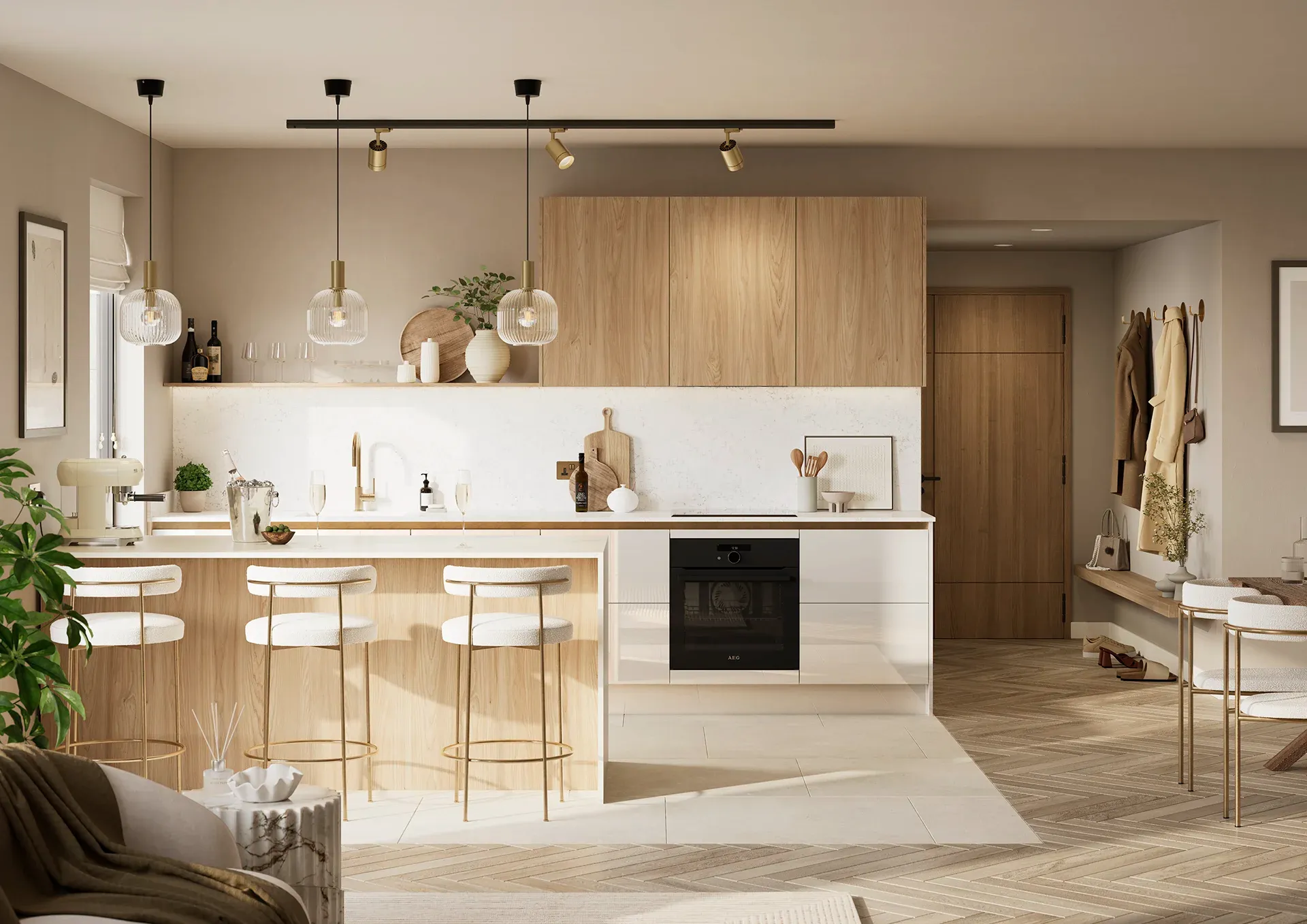 Kitchen with Hamilton Gloss White and Natural Sheffield Acacia doors