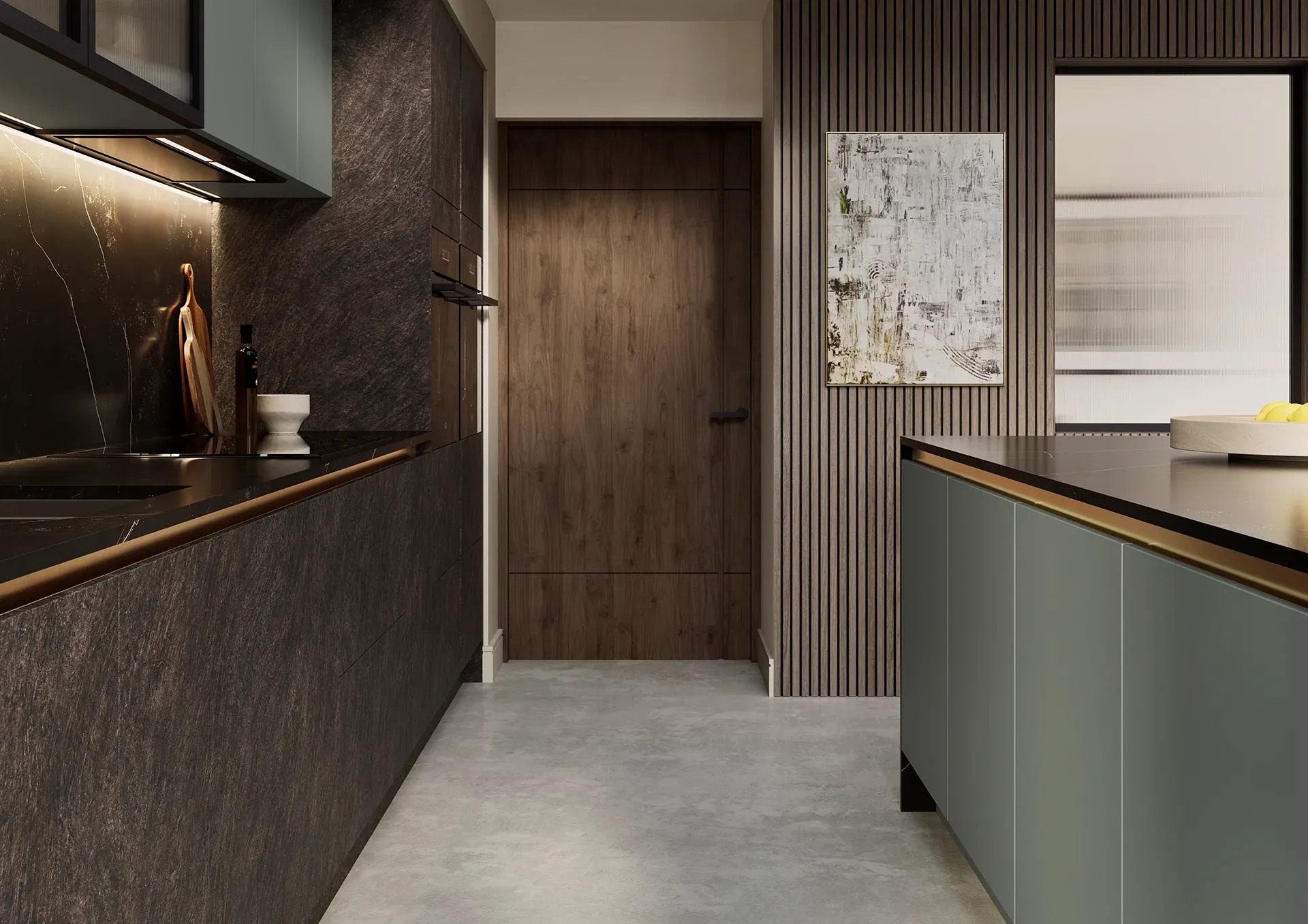 Kitchen with Hythe Cupria Slate and Franklin Reed Green doors