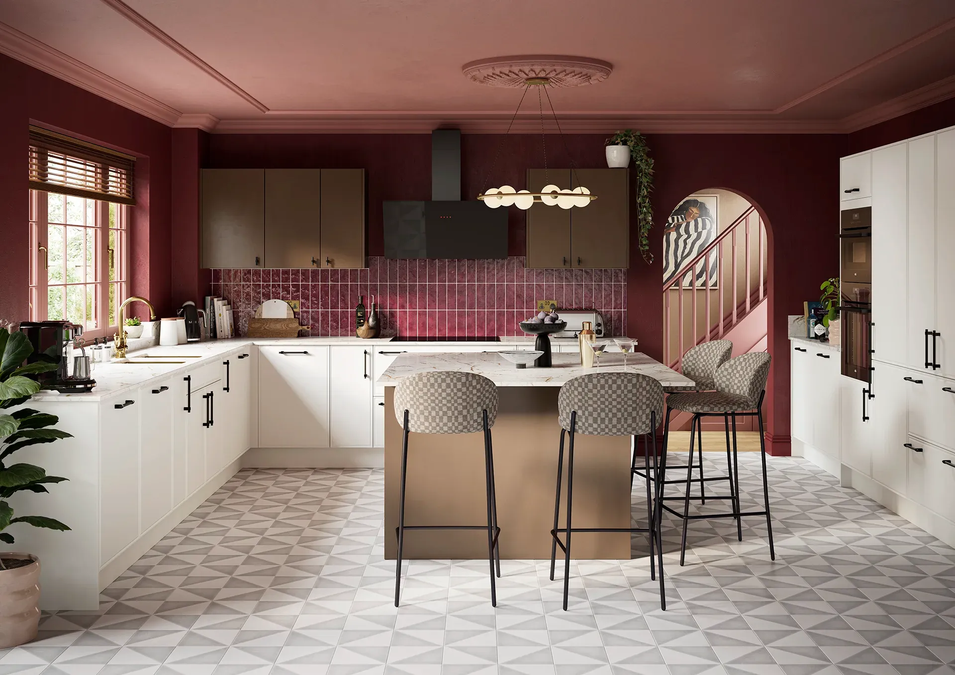 Kitchen with Islington Satin White shaker doors and Hythe Brushed Bronze doors