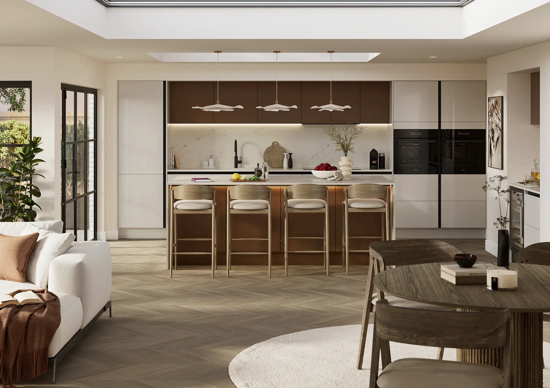 Handleless kitchen with Jackson Gloss Light Grey and Hythe Brushed Bronze doors