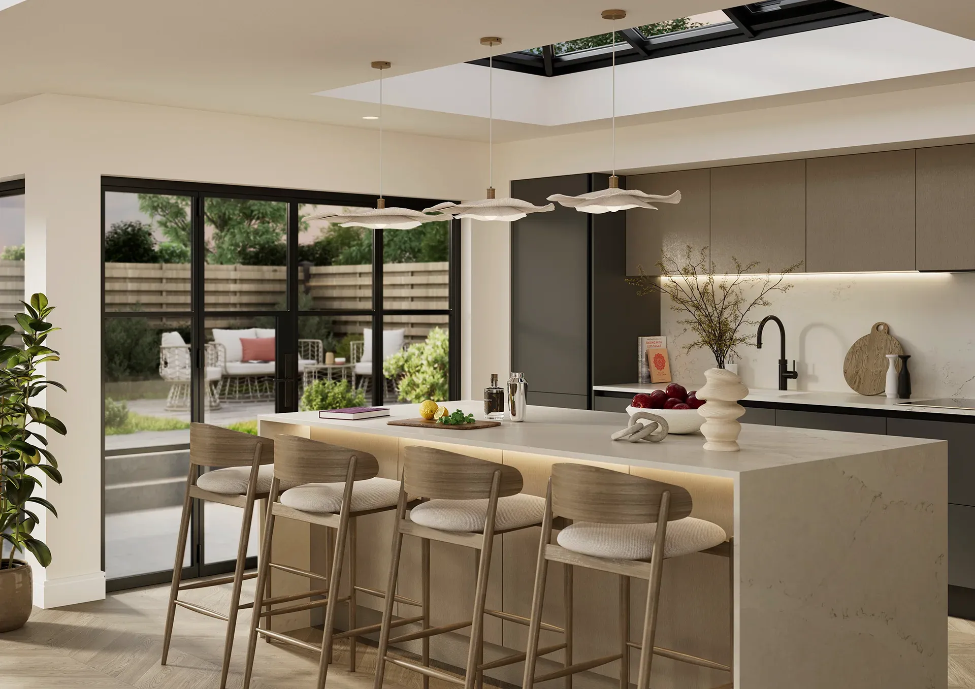Handleless kitchen with Jackson Lava and Hythe Brushed Champagne