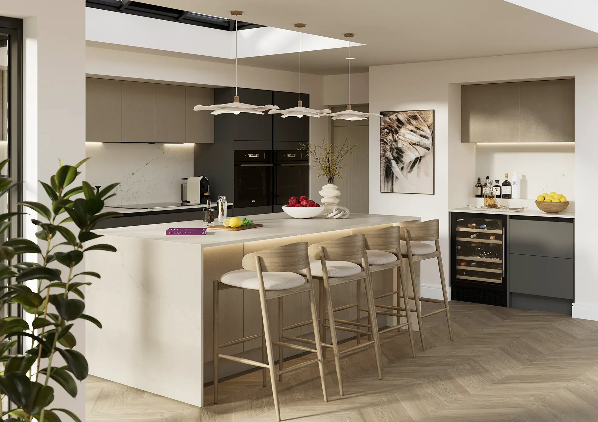 Handleless kitchen with Jackson Lava and Hythe Brushed Champagne