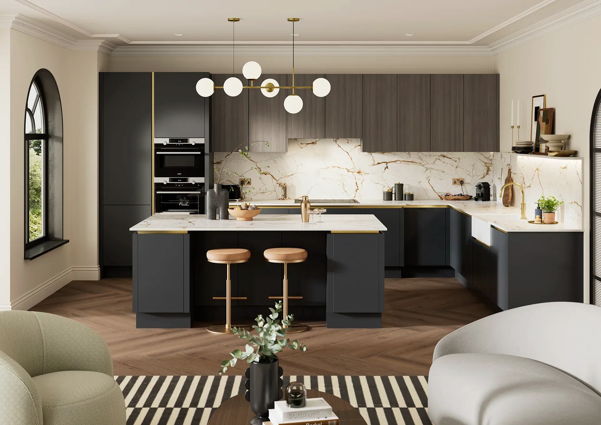 Handleless kitchen with Franklin Indigo Blue and Dark Grey Fineline doors