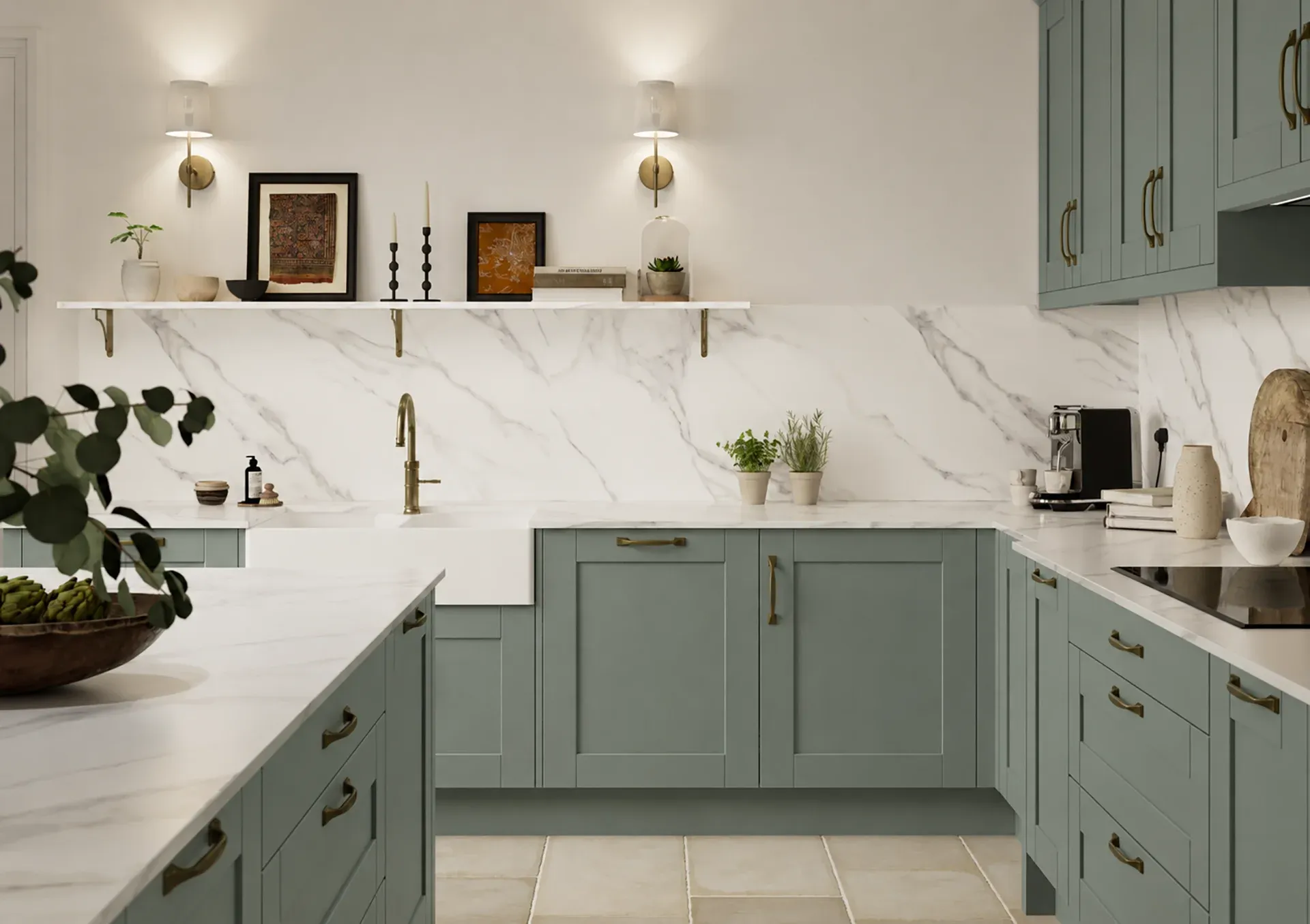 Kitchen with Maine Reed Green shaker kitchen doors
