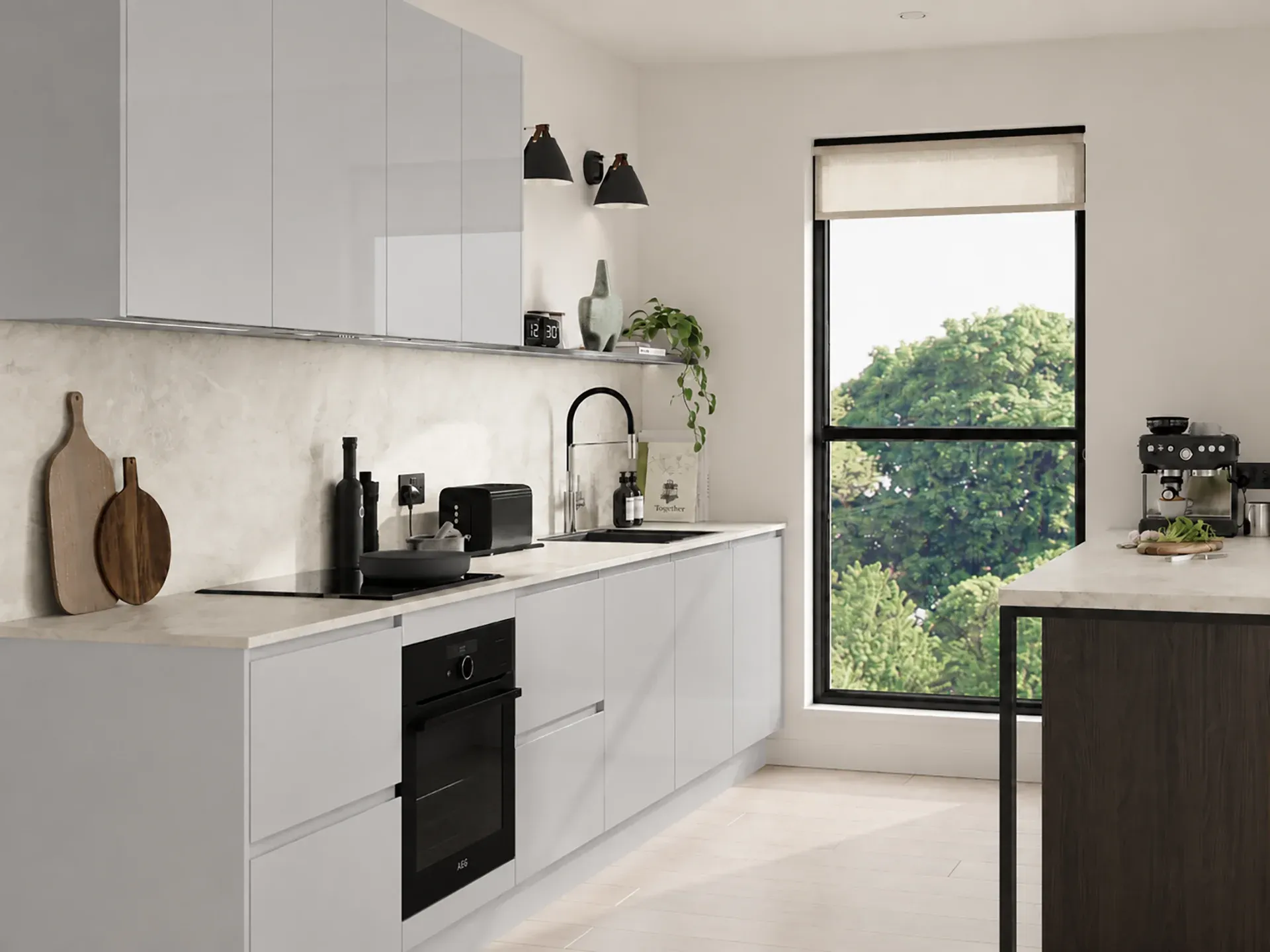 Kitchen with Manhattan Gloss Dove Grey JPull doors